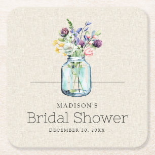 Watercolor Wildflowers Linen Boho Bridal Shower Square Paper Coaster