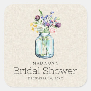 Watercolor Wildflowers Linen Boho Bridal Shower Square Sticker