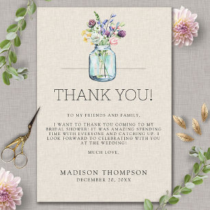 Watercolor Wildflowers Linen Boho Bridal Shower Thank You Card