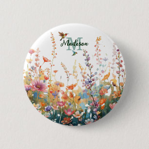 Watercolor Wildflowers Monogram Personalised Name 6 Cm Round Badge