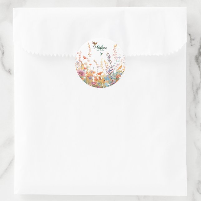 Watercolor Wildflowers Monogram Personalised Name Classic Round Sticker (Bag)