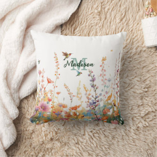 Watercolor Wildflowers Monogram Personalised Name Cushion