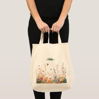 Watercolor Wildflowers Monogram Personalised Name Tote Bag