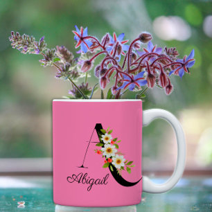 Watercolor wildflowers monogram pink coffee mug