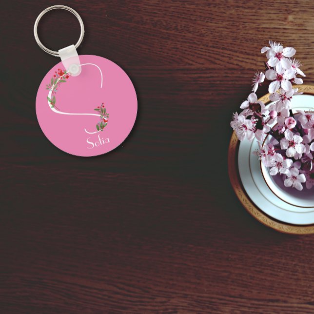 Watercolor wildflowers monogram pink key ring (Creator Uploaded)
