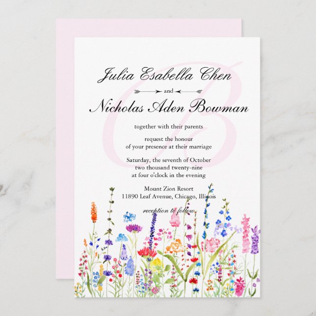 Watercolor Wildflowers Monogram Spring Wedding Invitation (Front/Back)