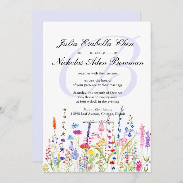 Watercolor Wildflowers Monogram Spring Wedding Invitation (Front/Back)