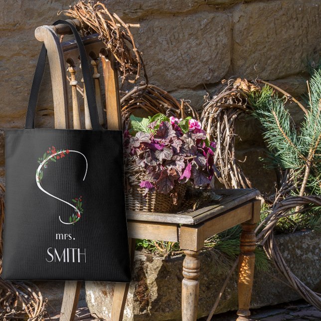 Watercolor wildflowers monogram white red black tote bag (Creator Uploaded)