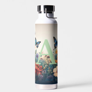 Watercolor Wildflowers Monogram with Name & Birthd Water Bottle