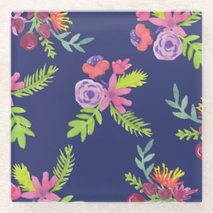 Watercolor Wildflowers Pattern Glass Coaster