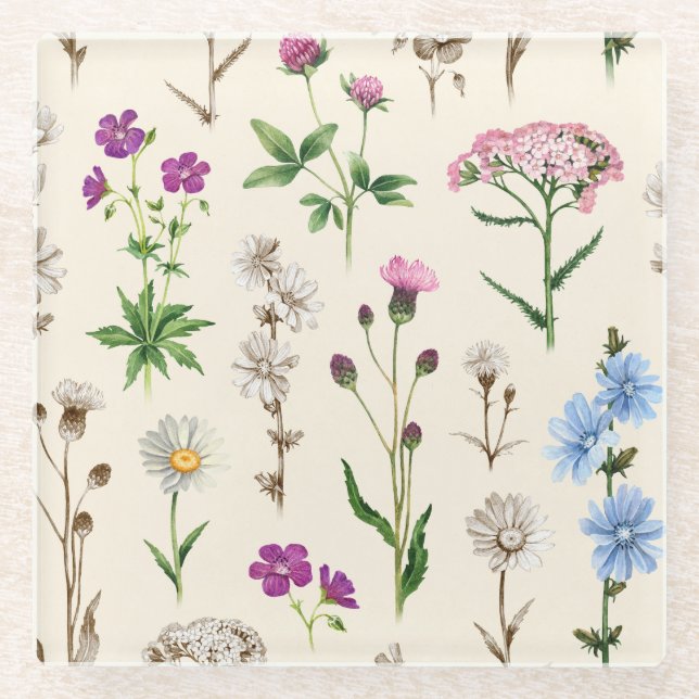 Watercolor wildflowers pattern. glass coaster (Front)