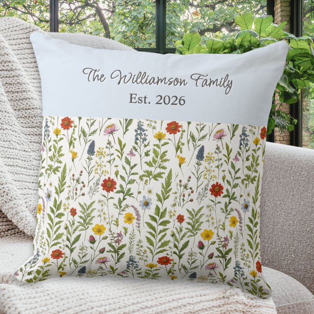 Watercolor Wildflowers Pattern Personalised Cushion (A personalized throw pillow with pattern of colorful wildflowers in a watercolor style)