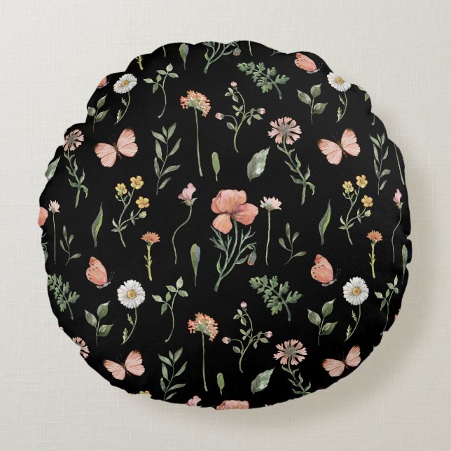 Watercolor Wildflowers Pattern Round Cushion (Front)