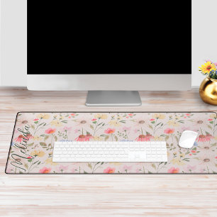 Watercolor Wildflowers Personalised Script Name Desk Mat