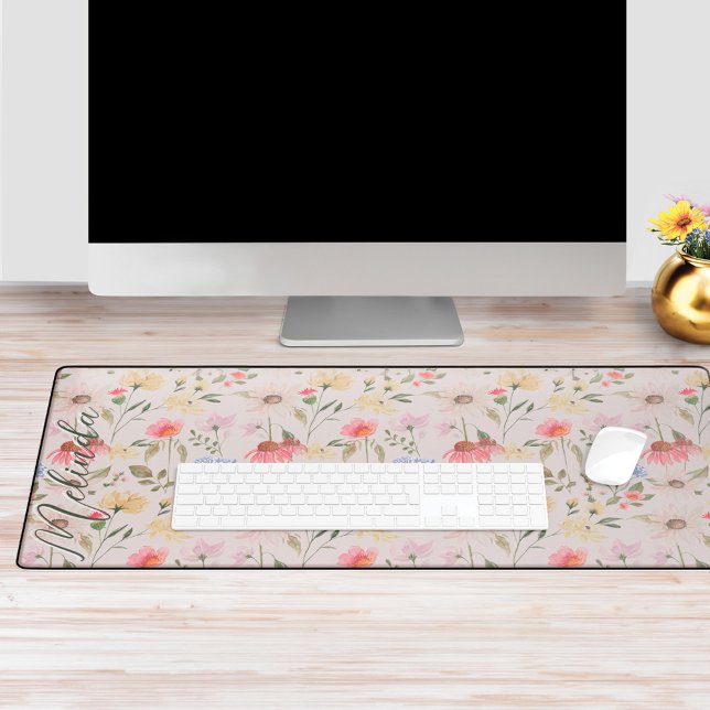 Watercolor Wildflowers Personalised Script Name Desk Mat (Watercolor Wildflowers Personalized Script Name Desk Mat)