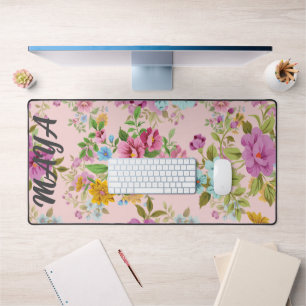 Watercolor Wildflowers Personalized Script Name De Desk Mat
