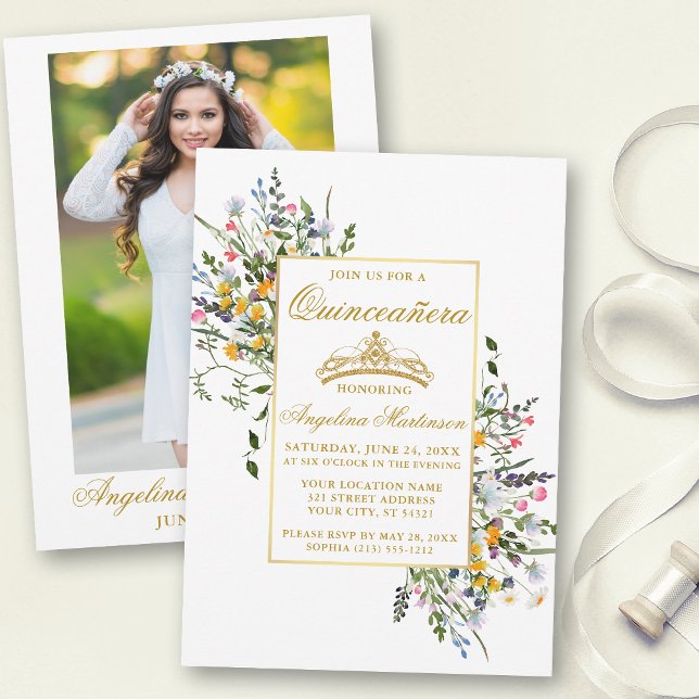 Watercolor Wildflowers Photo Gold Quinceanera Invitation (Customize to change text size, color or text style.)