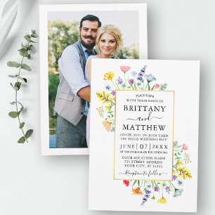 Watercolor Wildflowers Photo Gold Wedding Invitation
