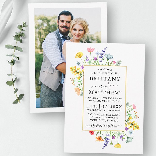 Watercolor Wildflowers Photo Gold Wedding Invitation (Customize to change text size, color or style.)