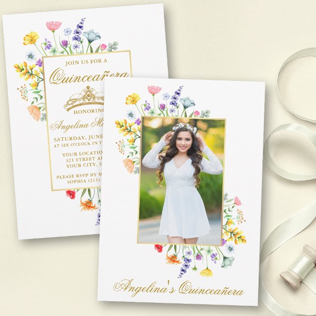 Watercolor Wildflowers Photo Quinceanera Gold Invitation (Customize to change text color, size or style.)