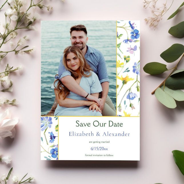 Watercolor Wildflowers Photo Save the Date Announcement (Watercolor Wildflowers Photo Save the Date)