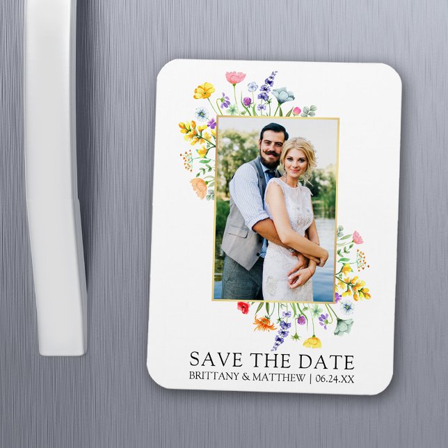 Watercolor Wildflowers Photo Save The Date Magnet (Customize to change text size, color or text style.)