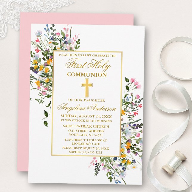 Watercolor Wildflowers Pink Blush Gold Communion Invitation (Customize to change text color, style, add text & photos to back or change color of back of card.)