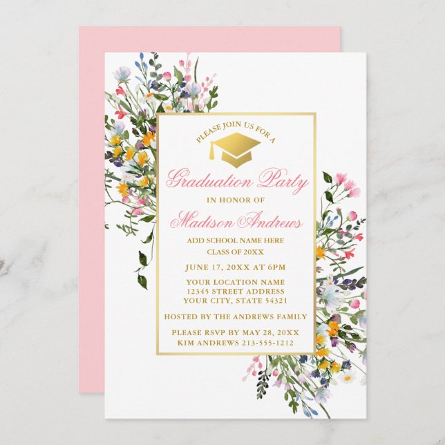Watercolor Wildflowers Pink Blush Gold Graduation Invitation (Front/Back)