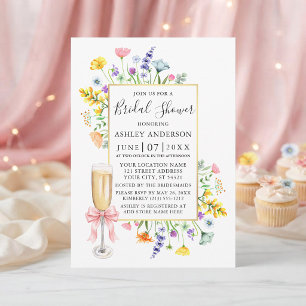 Watercolor Wildflowers Pink Bow Bridal Shower Invitation