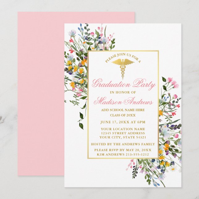 Watercolor Wildflowers Pink Gold Nurse Graduation Invitation (Front/Back)
