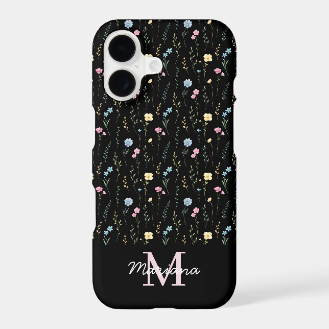 watercolor wildflowers pink monogram black chic (Back)