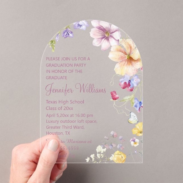 watercolor wildflowers pink script graduation  acrylic invitations (Insitu (Handheld))