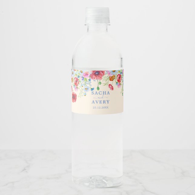 Watercolor Wildflowers Poppies Daisies wedding Water Bottle Label (Front)