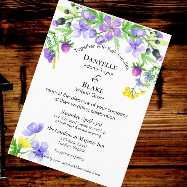 Watercolor Wildflowers Purple Blue Wedding Invitation (Creator Uploaded)