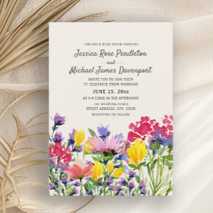 Watercolor Wildflowers Purple Yellow Red Wedding Invitation