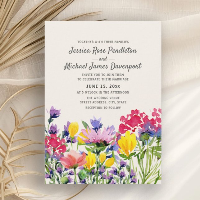 Watercolor Wildflowers Purple Yellow Red Wedding Invitation (Colorful wildflower wedding invitation)