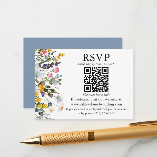 Watercolor Wildflowers QR RSVP Wedding Dusty Blue Enclosure Card (Front/Back In Situ)