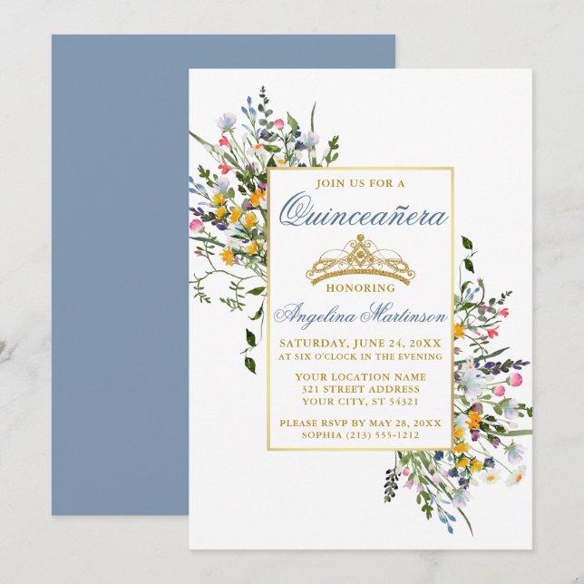 Watercolor Wildflowers Quinceanera Dusty Blue Invitation (Front/Back)
