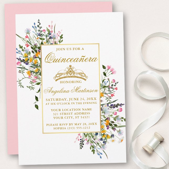 Watercolor Wildflowers Quinceanera Pink Blush Invitation (Customize to change text color, style, add text & photos to back or change color of back of card.)