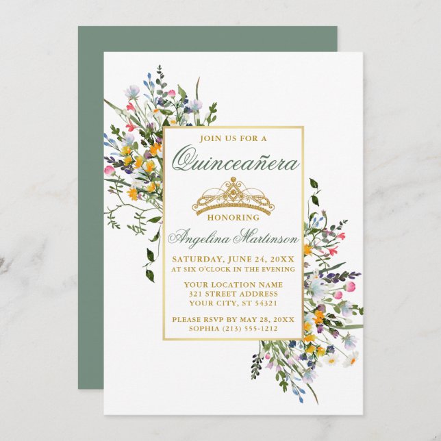 Watercolor Wildflowers Quinceanera Sage Green Invitation (Front/Back)