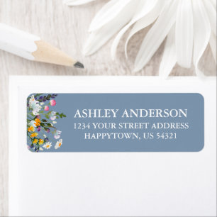 Watercolor Wildflowers Return Address Dusty Blue Label