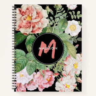 Watercolor Wildflowers Roses Black Pink Monogram Notebook