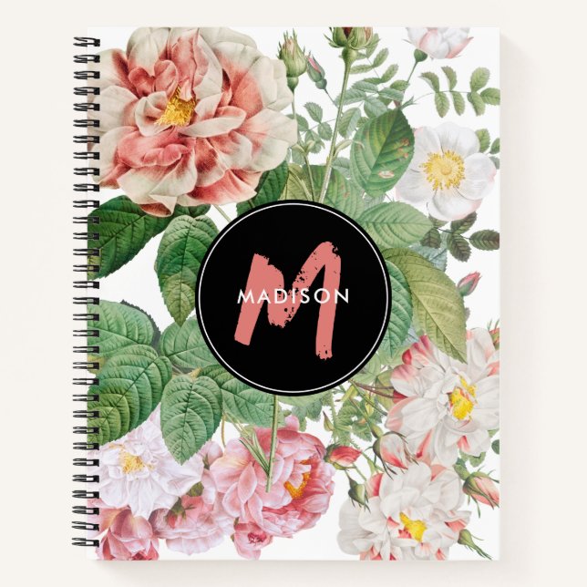 Watercolor Wildflowers Roses White Pink Monogram Notebook (Front)