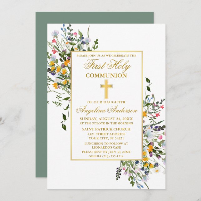 Watercolor Wildflowers Sage Green Gold Communion Invitation (Front/Back)