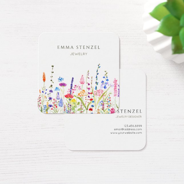 Watercolor Wildflowers Square Business Card (Desk)