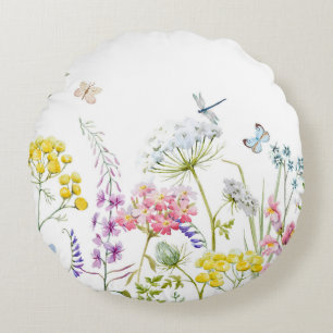 Watercolor Wildflowers Summer Meadow Floral  Round Cushion