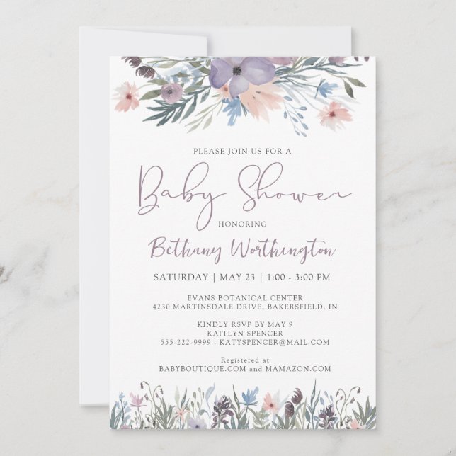 Watercolor Wildflowers Violet Baby Shower Invitation (Front)