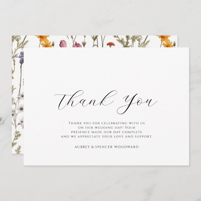 Watercolor wildflowers Wedding Flat Thank You Card (Front/Back)