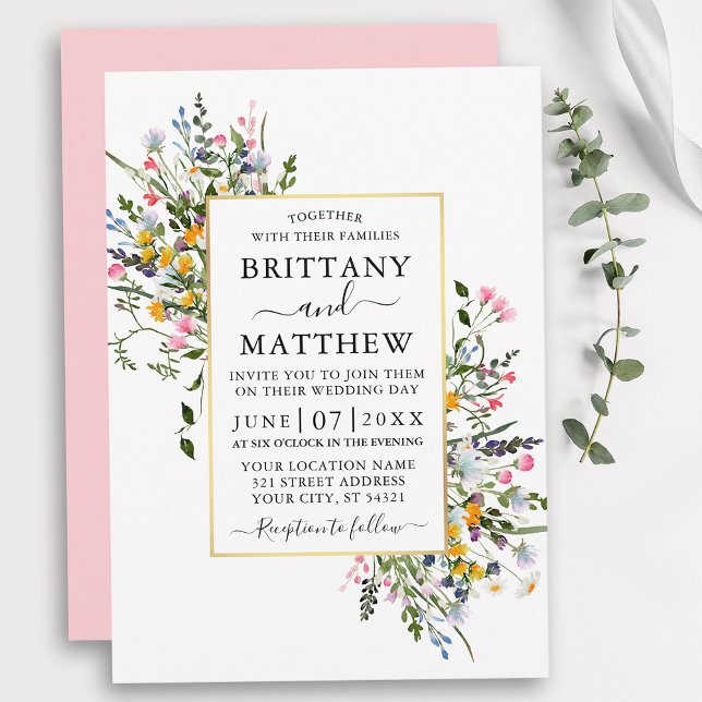Watercolor Wildflowers Wedding Gold Pink Blush Invitation (Customize to change text color, style, add text & photos to back or change color of back of card.)