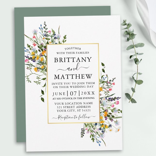 Watercolor Wildflowers Wedding Gold Sage Green Invitation (Customize to change text color, style, add text & photos to back or change color of back of card.)